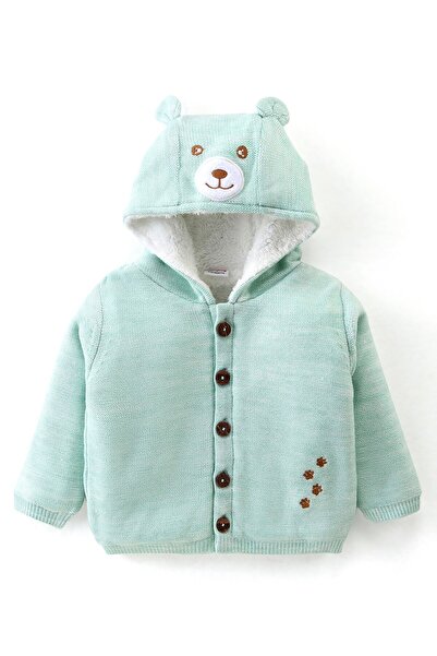 Babyhug Babyhug Knit Full Sleeves Hooded Sweaters with Teddy Embroidery - Mint Blue