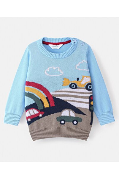 Bonfino Bonfino 100% Cotton Knit Full Sleeves Cars Designed Sweater - Aqua Blue