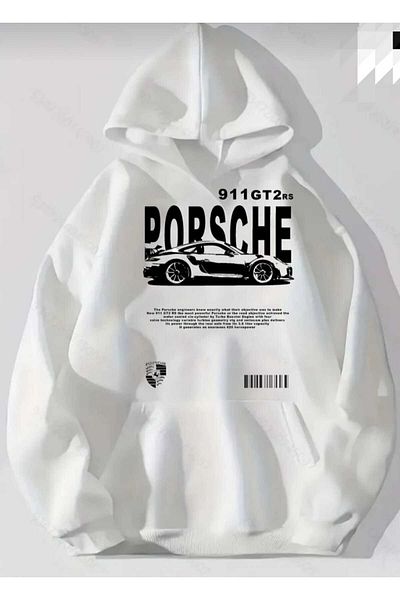FULL TOLERANCE Unisex White Chest Porshe Printed 3 Thread Thick Oversize Hooded Sweatshirt