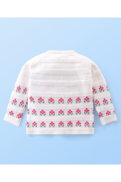 Babyhug Babyhug Organic Cotton Full Sleeves Front Open Floral Design Sweater - White & Pink