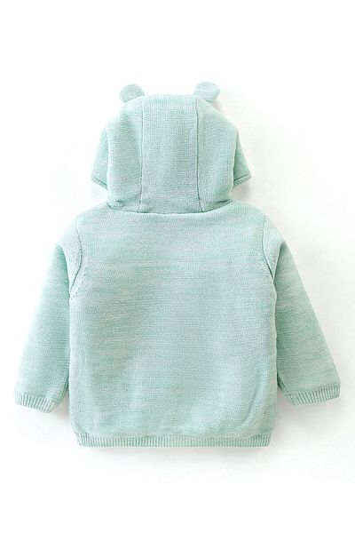 Babyhug Babyhug Knit Full Sleeves Hooded Sweaters with Teddy Embroidery - Mint Blue