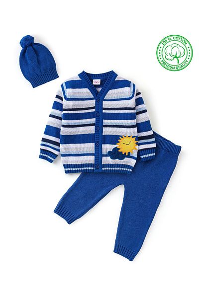 Babyhug Organik Pamuklu Örme Uzun Kollu Kazak Takımı Şapka Bulut ve Güneş Tasarımı - Mavi