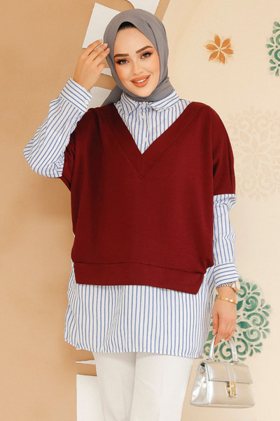 Neva Style Sweater Detailed Burgundy Hijab Shirt 60102Br
