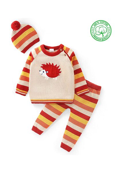 Babyhug Organik Pamuklu Örme Raglan Uzun Kollu çizgili Kazak Seti ve Şapka Porcupine Yama-Bej ve Pas