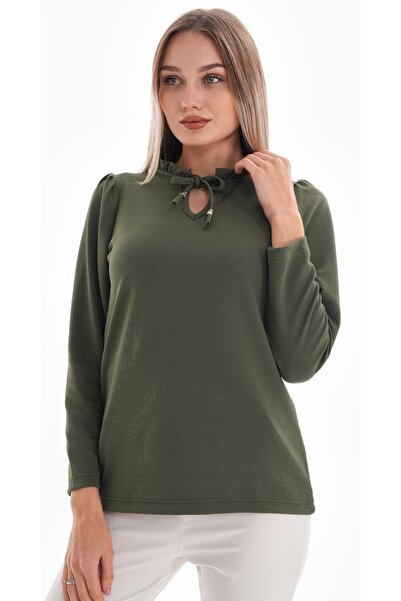 DEVRİMAY TEKSTİL Γυναικεία μπλούζα κρεπ από λύκρα με βολάν με χακί γιακά