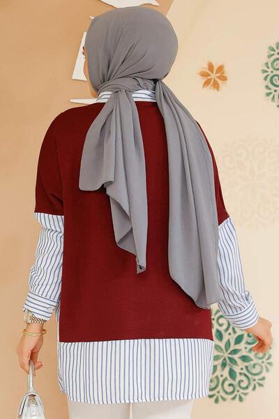 Neva Style Sweater Detailed Burgundy Hijab Shirt 60102Br