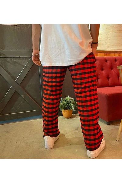 RE7EDİ Unisex Red Black Plaid Patterned Pajama Bottoms - XL