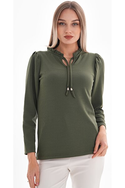 DEVRİMAY TEKSTİL Γυναικεία μπλούζα κρεπ από λύκρα με βολάν με χακί γιακά