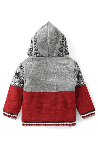 Babyhug %100 Akrilik Örme Uzun Kollu Önü Açık Kapüşonlu çiçek Desenli Kazak - Gri ve Kırmızı