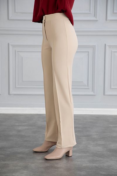 naymanlife Women's Beige Front Striped Elastic Waist High Waist Pipe Leg Palazzo Crepe Pants