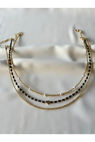 Rakoz Design Üçlü Siyah Gold Incili Boncuk Kolye
