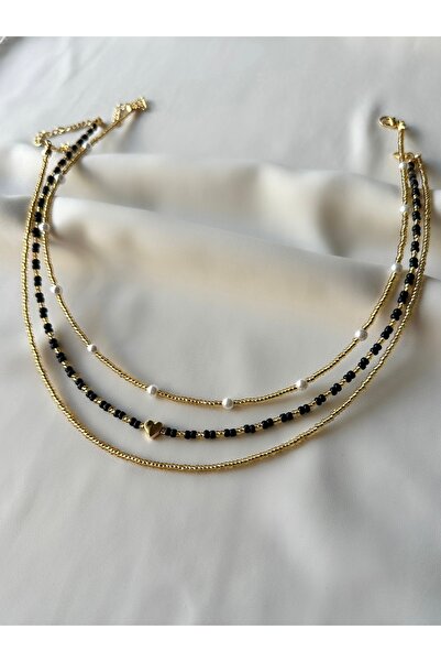 Rakoz Design Üçlü Siyah Gold Incili Boncuk Kolye