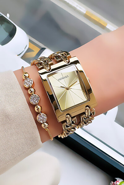 Homies ساعة يد نسائية مقاومة للماء 3 ATM باللون الذهبي - مع سلسلة وسوار HMBY2...