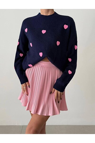 Butik La Lilyum, Sevimli Kalp Desenli Lacivert Triko Kazak