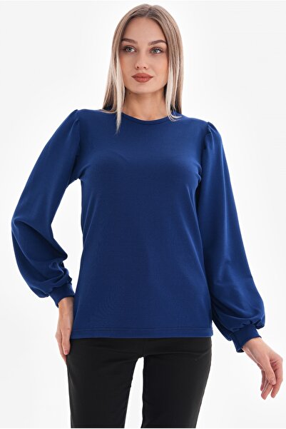 DEVRİMAY TEKSTİL Navy Blue Balloon Sleeve Lycra Crepe Blouse
