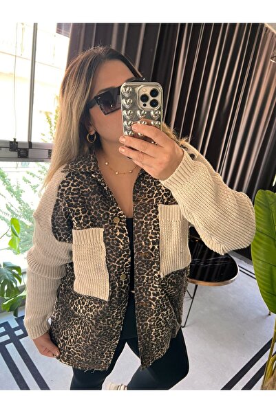 Store Kadın Yüksek Kalite Leopar Desenli Büyük Beden Hırka