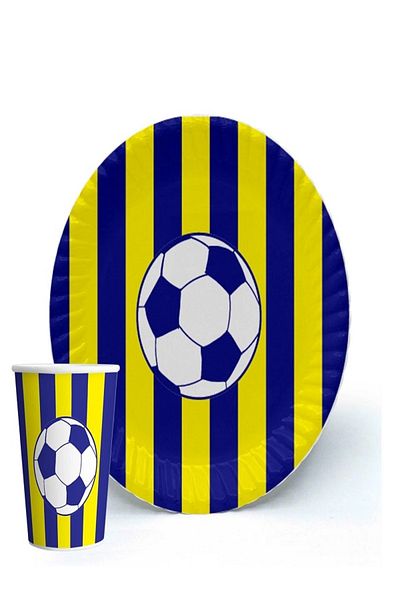 Party Time Yellow Navy Blue Fan Plate and Glass 8 Pieces