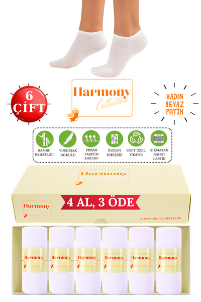 HARMONY COLLECTION Bambu Kadın Beyaz Patik (6 ÇİFT) Özel Kutulu | Burun Dikiş...