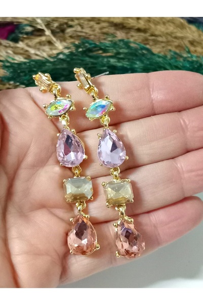 mos&more Pembe Zirkon Taşlı Sallantılı Uzun Abiye Kadın Küpe