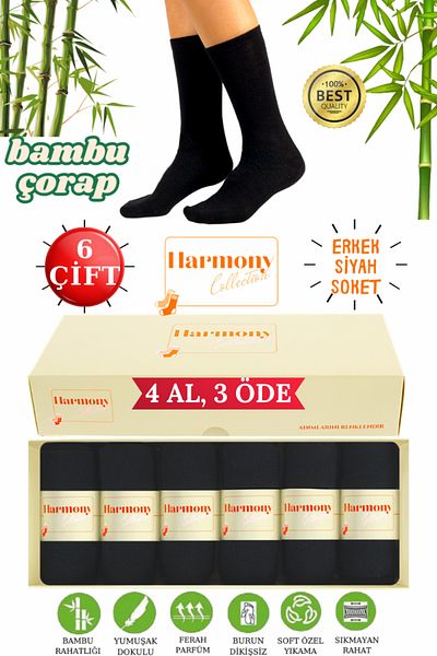 HARMONY COLLECTION Men's Black Bamboo Long Socks - 6-Piece Special Boxed, Seamless Toe, Premium Socks