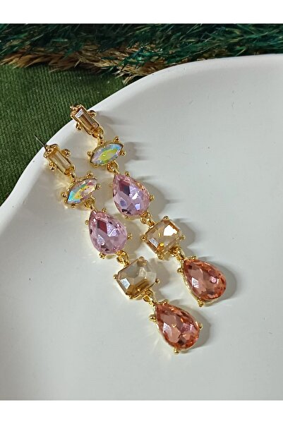 mos&more Pembe Zirkon Taşlı Sallantılı Uzun Abiye Kadın Küpe