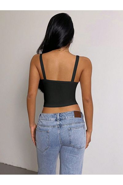 Liona Black Color Thick Strap Plain Patternless Ribbed Lycra Camisole Crop Top Blouse