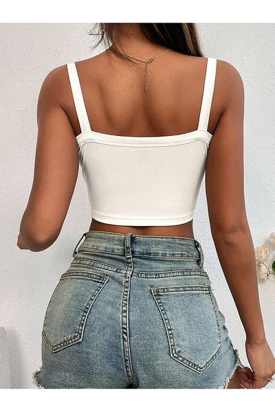 Liona White Color U Neck Plain Patternless Lycra Thick Strap Ribbed Camisole Crop Top Blouse