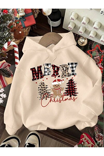 OVER HEAD Μπεζ μπισκότο με στάμπα 3 κλωστών Oversize Hoodie - Καλά Χριστούγεννα Πρωτοχρονιάτικο φούτερ