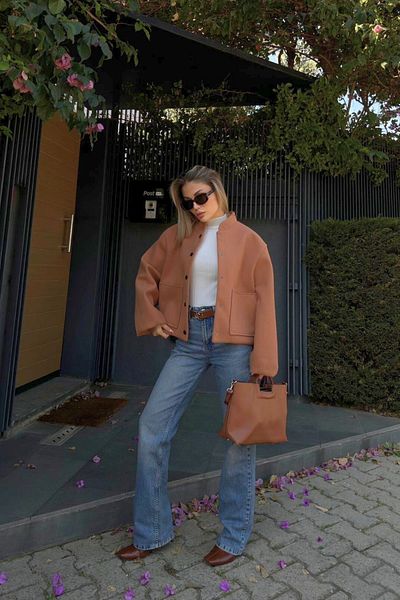FMN Moda Lined Gabardine Stamp Oversize Bomber Coat with Pocket and Button Detail, Pinterest Trend