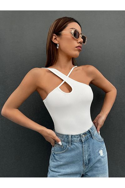 Liona White Asymmetrical Neck Ribbed Crop Top Blouse Plain Patternless