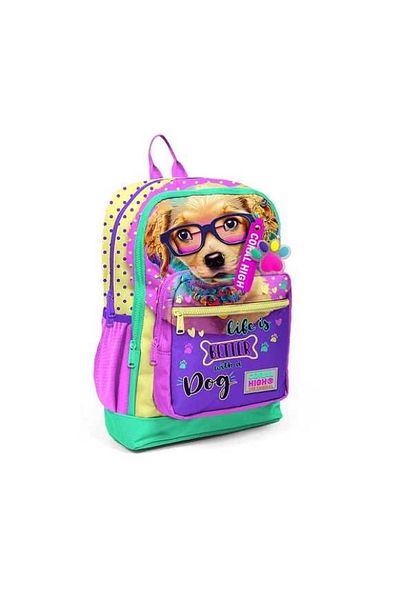 Coral High Dog Patterned School Bag with Glasses 23752