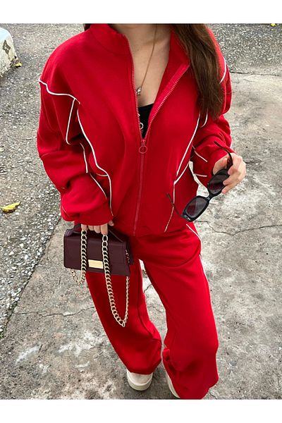 Valeur Piping Detailed Parachute Sleeve, Non-Raised Winter, Spanish Leg Double Tracksuit Set