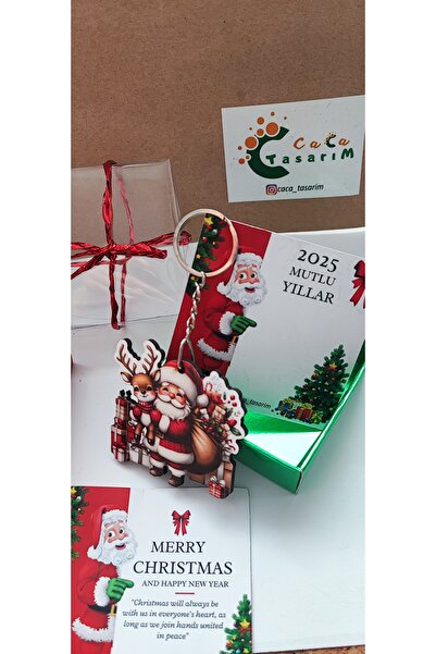 cacatasarım Yılbaşı Figürleri Ahşap UV Baskı Anahtarlık veya Çanta Süsü Christmas Kartlı ve Kutulu Hediyelik