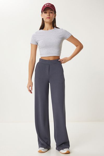 Lovelyİstanbul Wide Leg Comfortable Interlock Trousers - Anthracite Lub0067