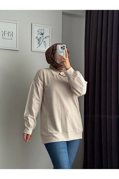 RFK Butik Μπεζ τουνίκ - Polo γιακά με ρίγες και λεπτομέρεια πουκάμισου