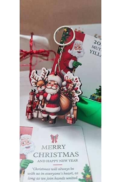 cacatasarım Yılbaşı Figürleri Ahşap UV Baskı Anahtarlık veya Çanta Süsü Christmas Kartlı ve Kutulu Hediyelik