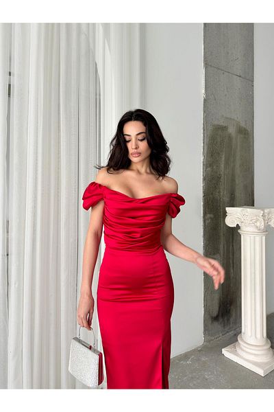 Serica Moda Off-Shoulder Draped Midi Evening Dress