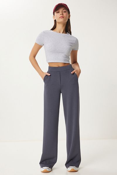 Lovelyİstanbul Wide Leg Comfortable Interlock Trousers - Anthracite Lub0067
