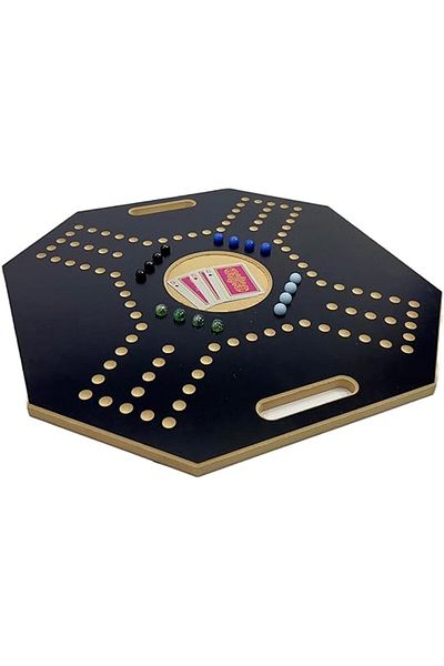 ALBADER , Jackaroo Wooden Board Game For 4 Players, Big-Size With 1 Deck Of Cards & 16 Marbles Fun