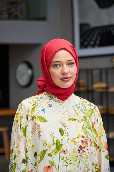 İpekhan Red Silk Patterned Voile Shawl - 9800-16