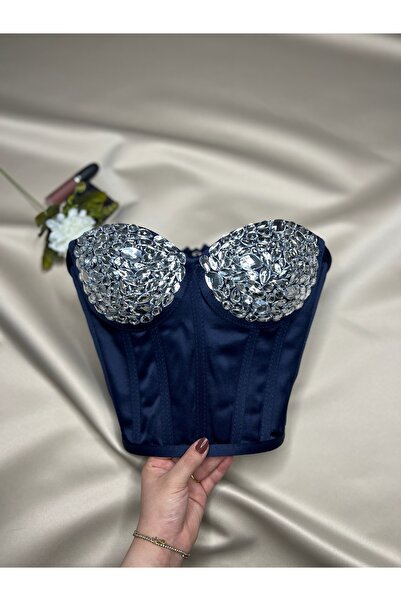 Metay Design مشد من الساتان مطرز بالأحجار الكاملة موديل بوستير حجري - أزرق داكن