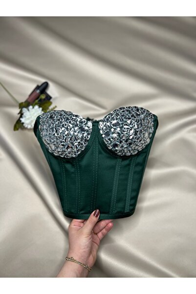Metay Design Saten Ful Taş Işleme Korse Büstiyer Taşlı Model - Zümrüt Yeşil