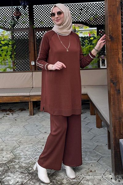 Rabia Şamlı Σετ Πλεκτό Αστέρι Καφέ - Με Παντελόνι