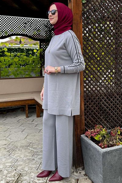 Rabia Şamlı Γκρι Πλεκτό Σετ - Με Αστέρι Παντελόνι