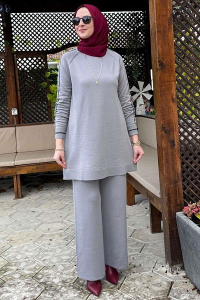 Rabia Şamlı Γκρι Πλεκτό Σετ - Με Αστέρι Παντελόνι