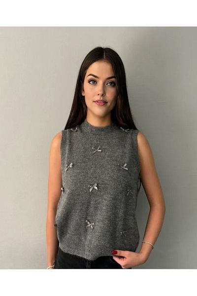 Butik La Lilyum, Satin Bow Detailed Gray Women's Sweater - Stylish and Elegant Knitwear Design