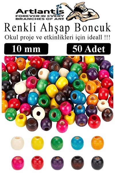 Artlantis Renkli Ahşap Boncuk 10 mm 50 Adet Renkli Tahta Boncuk El İşi Okul Ö...