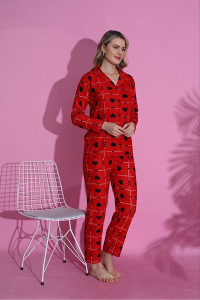 ASMATEKSTİL Women's Heart Button Pajamas Set