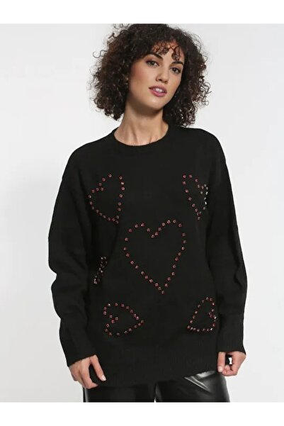 Butik La Lilyum, Taş İşlemeli Kalp Desenli Örgü Kazak