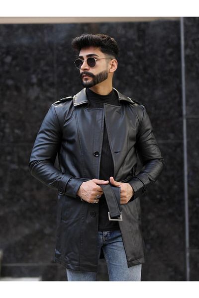 geyigo Men's Long Leather Jacket